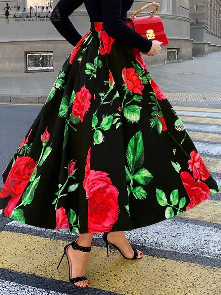 Holiday Casual Maxi Skirt Bohemain Long A Line Saias 2023 Women Elegant High Waist Swing Jupes ZANZEA Chic Floral Printed Skirts