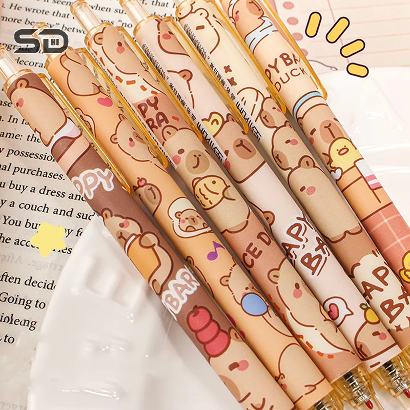 6Pcs Cute Capybara Pressing Gel Pens Kawaii Black Ink Pen Set School Supplies Cartoon Capybara Neutral Pen Aesthetic Stationery