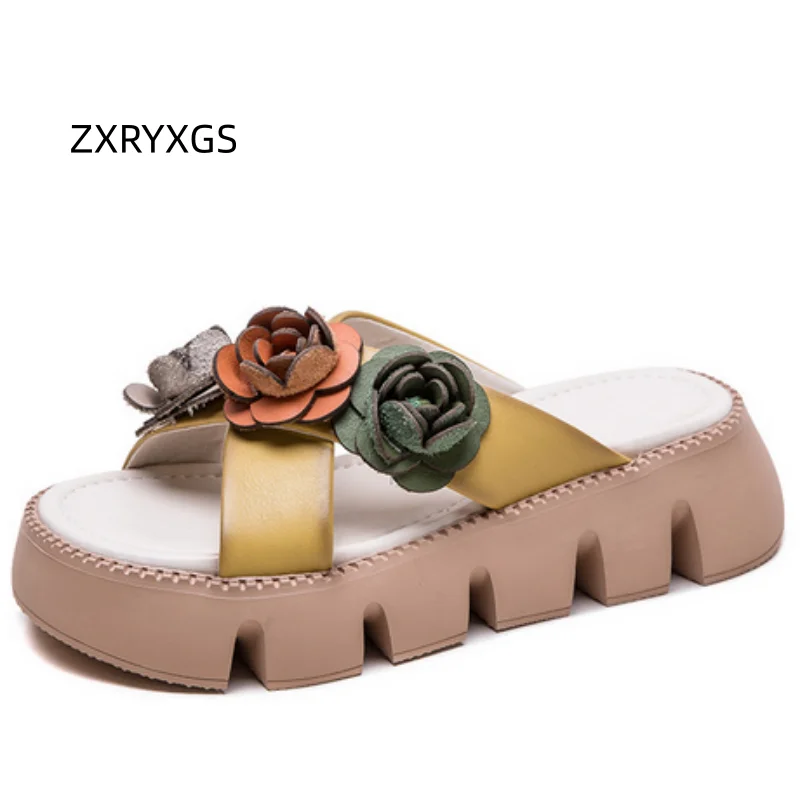 

ZXRYXGS Premium cowhide Spell Color classic Flowers Slippers 2026 summer Women outside slippers Platform Elevator shoes Sandals