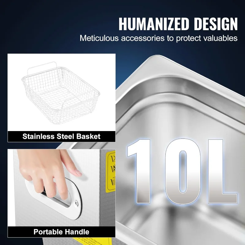 منظف صوتي احترافي سعة 10 لتر، آلة صناعية من الفولاذ المقاوم للصدأ مع مؤقت وسخان رقمي، مثالية للمجوهرات وأطقم الأسنان