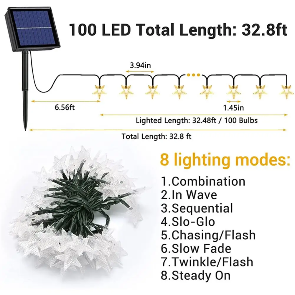 Zonne-Ster Lichtslingers 100led 8 Modi Buitenshuis Kerstverlichting Waterdichte Ster Twinkelverlichting Voor Kerst Gazon Tuinen Patio