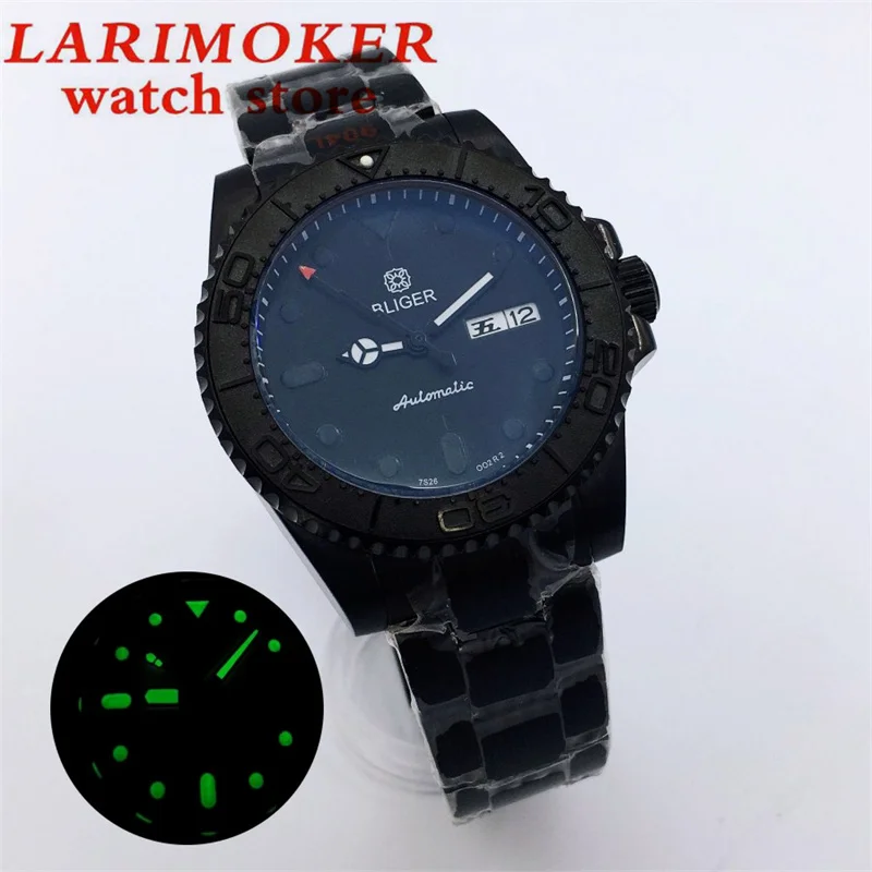 

BLIGER 40MM NH36 Mechanical Diving Men's Watch Black case AR Blue Sapphire Glass Black dial Luminous Automatic Date Week Display