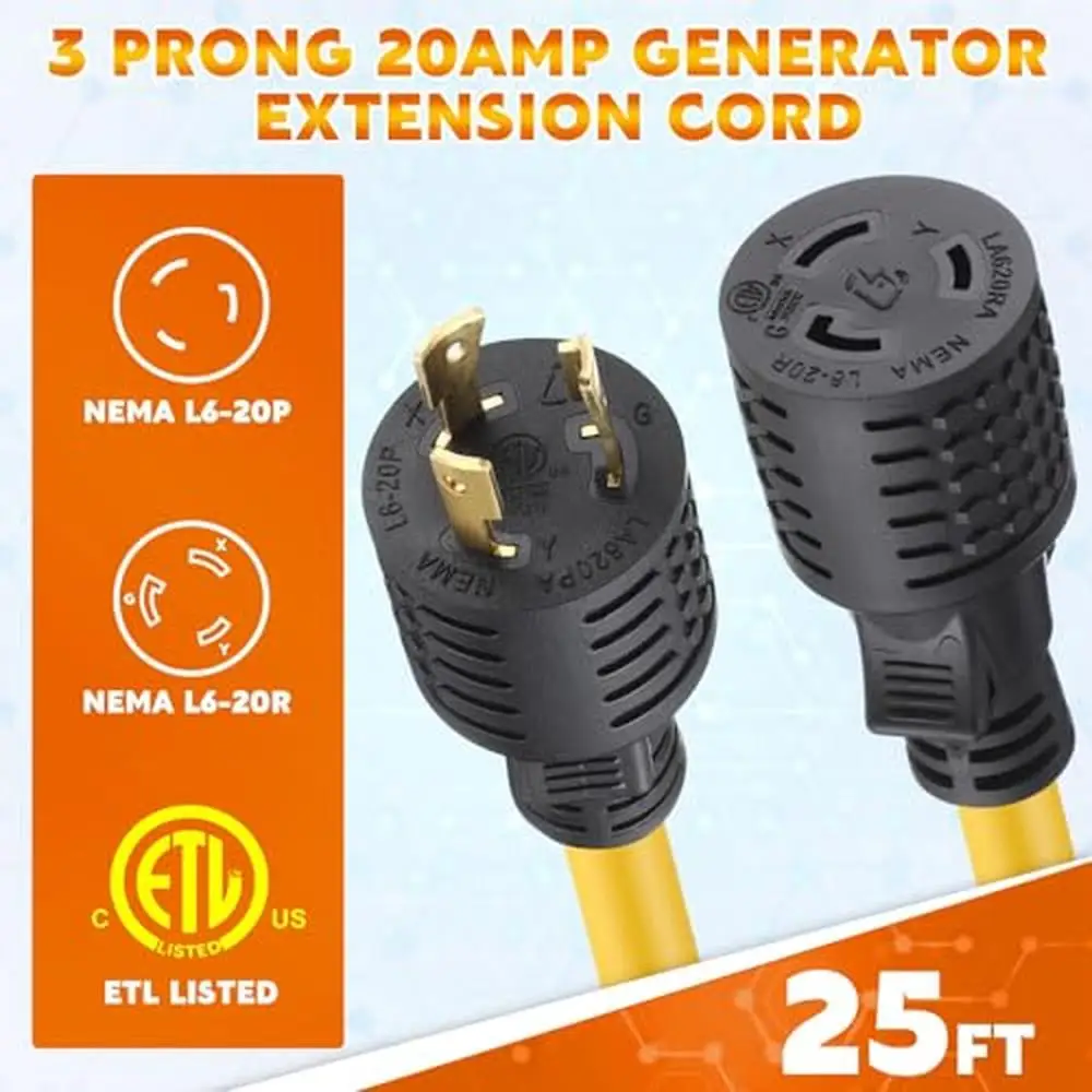 25ft NEMA L6-20 Generator Extension Cord 20A Locking Power Cord Female Receptacle Male Plug 3 Prong Amp Stable Design Lasting