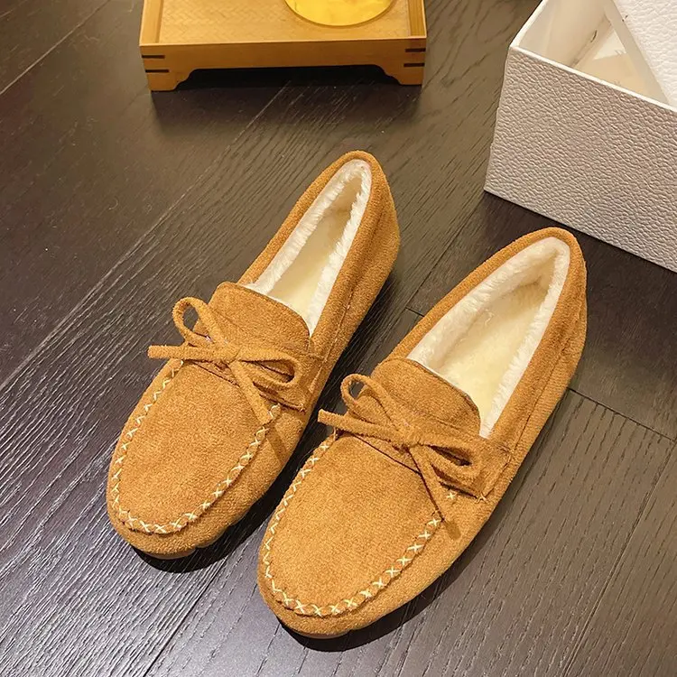 Casual Woman Shoe Loafers With Fur Shallow Mouth Female Footwear Modis Round Toe Bow-Knot Slip-on Winter Moccasin Dress 2022 Big