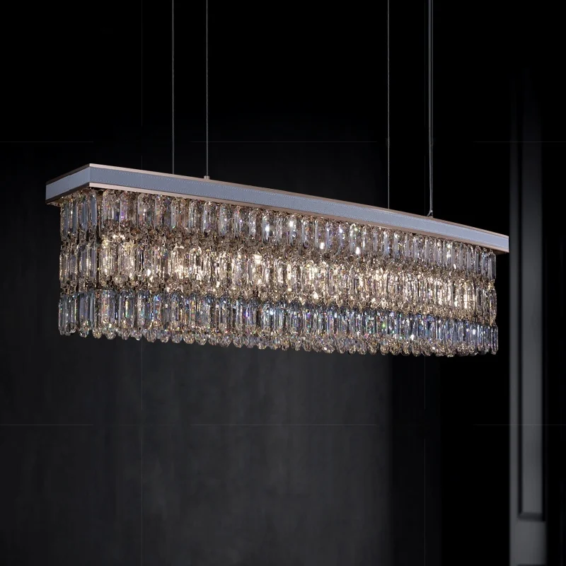 Luxury Rectangle Crystal Chandelier With White Leather For Dining Room Kitchen Island Oval K9 Crystal Pendant Chandeliers Vila