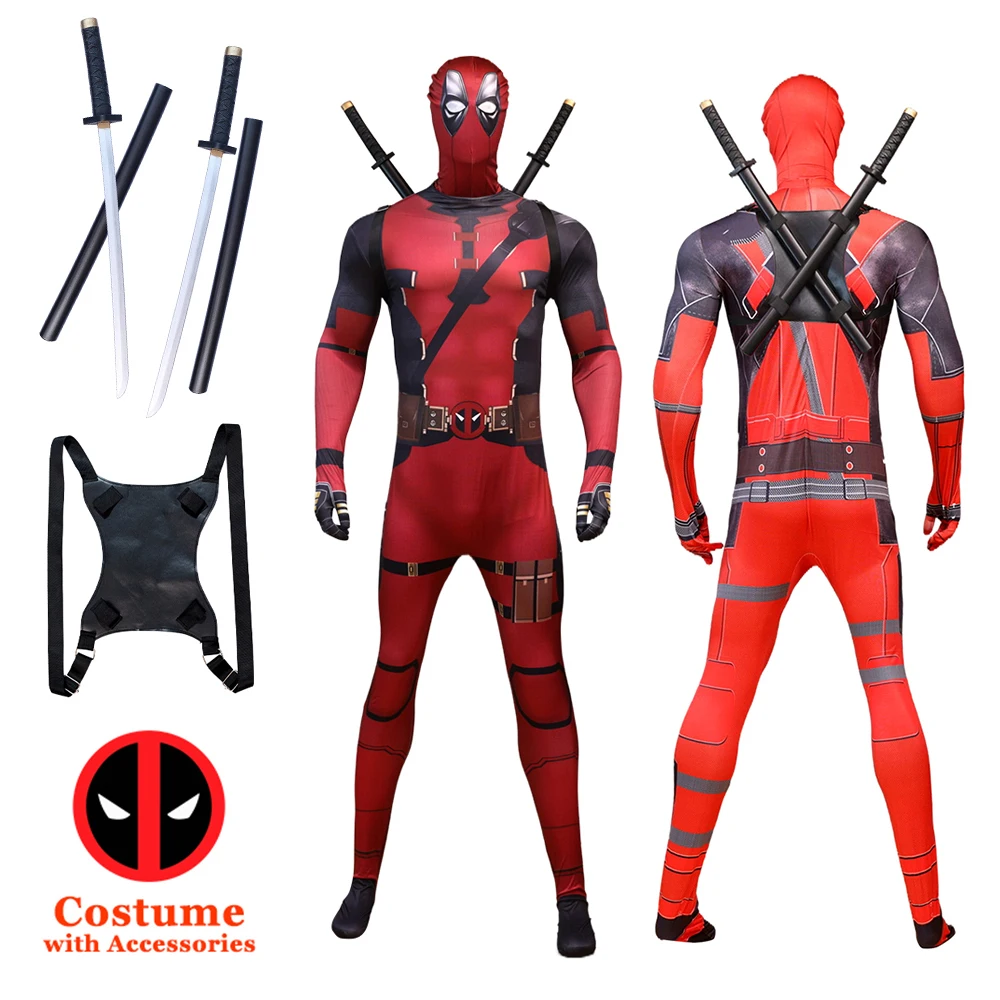 MARVEL Deadpool Costume with Swords Superhero Cosplay Jumpsuit Flexible Bodysuit with Head Covering Ryan Reynolds Wade Wilson