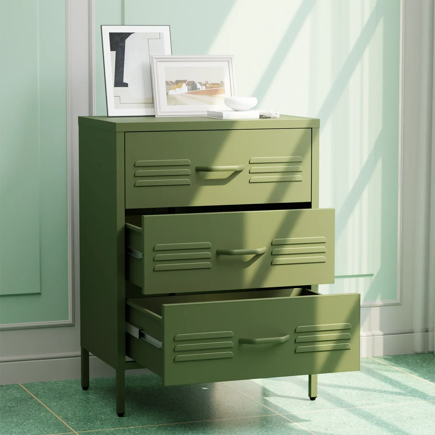 

-Home Steel Cabinet Locker Metal Cabinet StorageLiving Room Metal Storage Cabinet Bedroom Nightstand Side Table With 3/4 Drawers