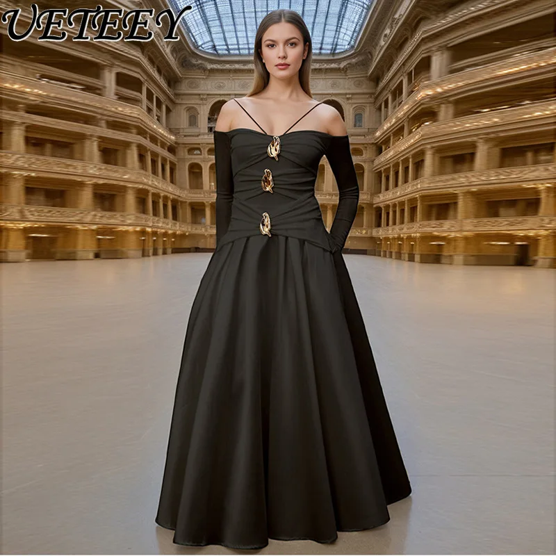 

Temperament Celebrity Style Long Dress 2025 New Tube Top Off-Shoulder Design Long-sleeve High Waist Maxi Dresses for Women