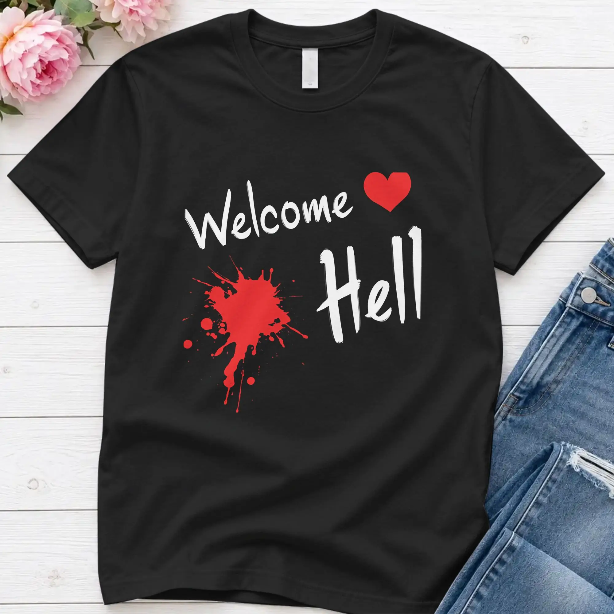 Touhou Project  Welcome Hell  Men's T Shirt  Vintage Tees Short Sleeve Round Neck T-Shirts 100% Cotton Gift Idea Clothes