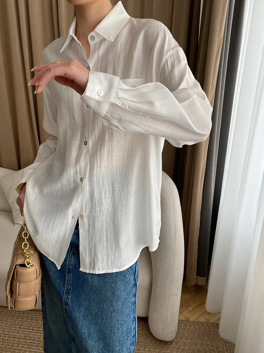 Camicia ampia con decorazione tasca lunga con risvolto tinta unita casual da donna primaverile ed estiva