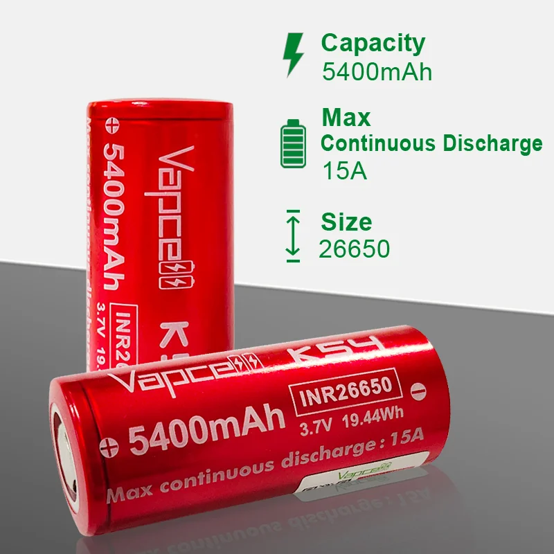 1-6pcs High Capacity Vapcell K54 LI ION Battery INR 26650 K54 5400mah 15A 3.7V Rechargeable Batteries For Flashlight Power Tool