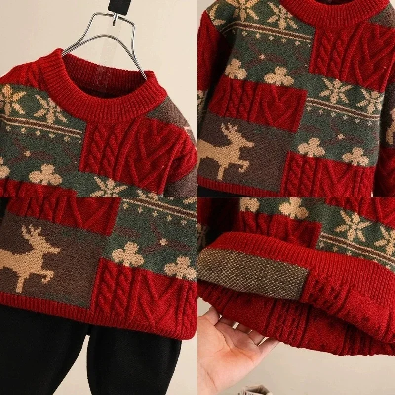 

2025 Red Plus Size Warm Thicken Spring Autumn Outwear Pullover Warm Kids Knitwe Boys' Sweater Winter Wool Blend Jacket Windbreak