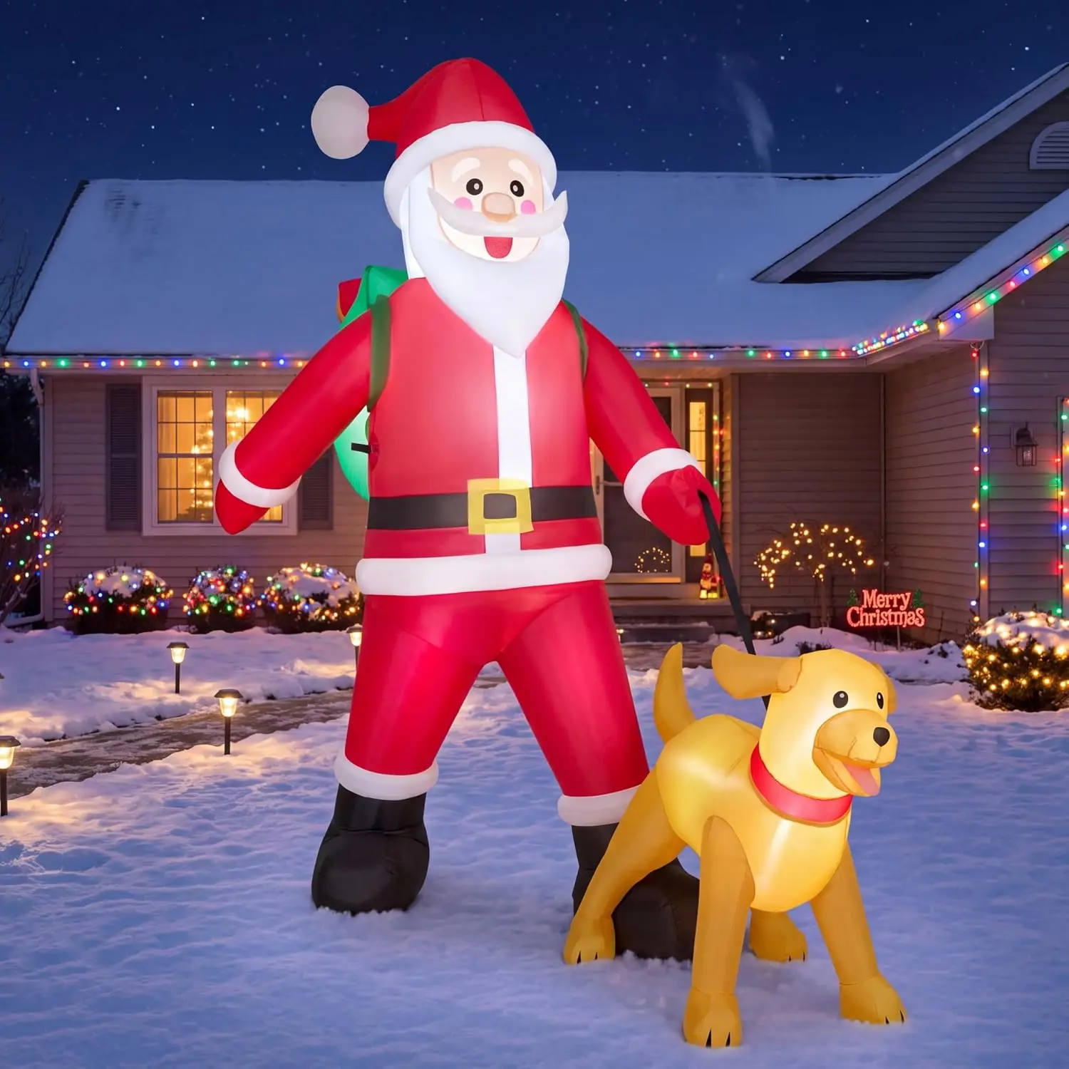 6FT Tall Christmas Inflatables Santa Walking Dog Outdoor Decorations Cute Christmas Blow Up Santa Yard Decorations with Built-in LED Lights for Xmas Decor Lawn Funny Holiday Decor
