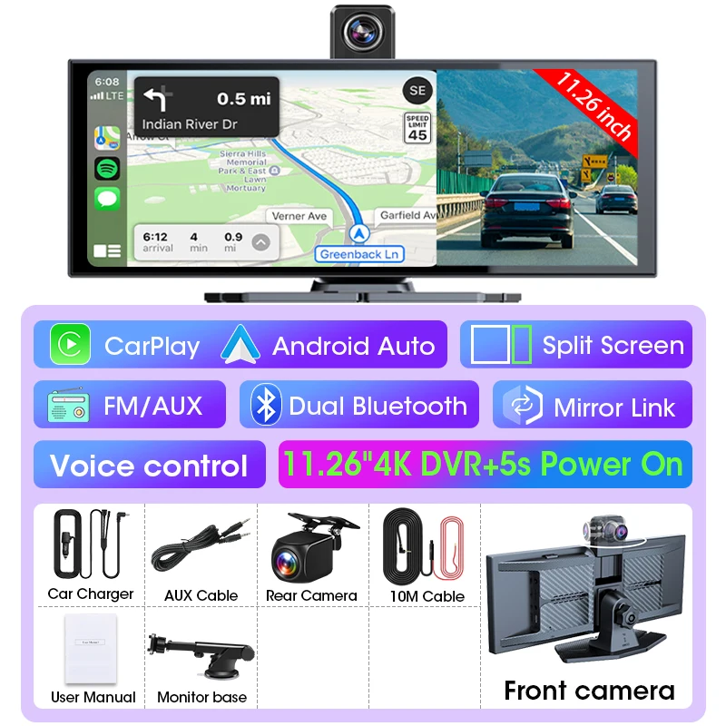 11,26 inch Dash Cam Auto DVR 4K Camera Draadloos Carplay Android Auto Touchscreen Dual Len Videorecorder Dashboard BT FM AUX GPS