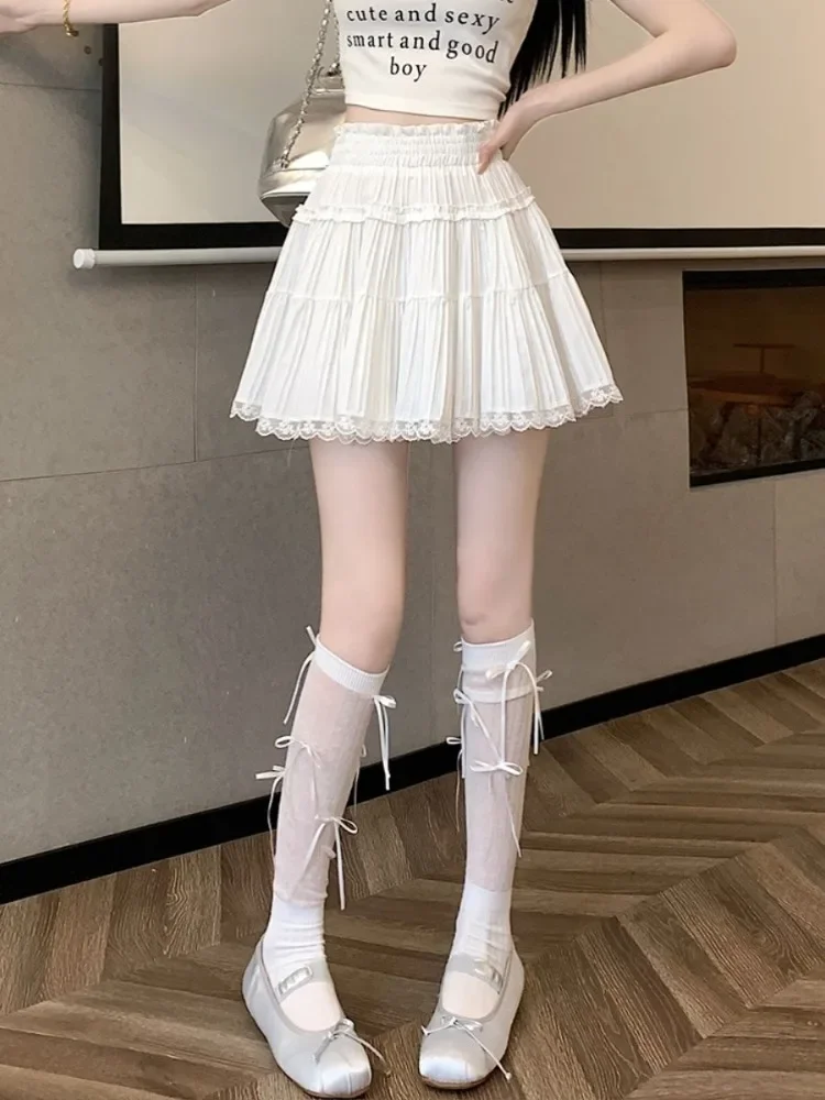 2025 New Casual Preppy Style White Lace Cake Skirt Fashion Women's Summer Sweet Soft Girl High Waist Fluffy Short Skirts
