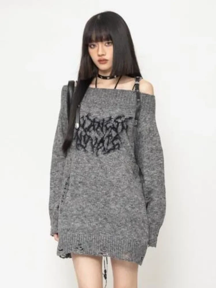 Harajuku Gothic Hollow Out Oversized Knitted Jumpers Grunge Jacquard Sweater Fashion Knitwear Y2k Aesthetic Slash Neck Pullover