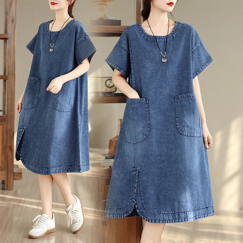 

Retro Summer New plus Size Slimming Midi Dr Denim Skirt Thin Cotton Jeans Women's Faion Ci Walk round Ne ort Sve