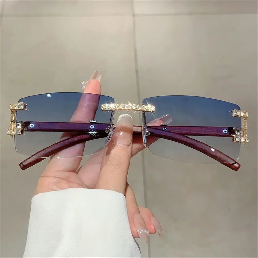 

Rectangle Diamonds Punk Sunglasses Vintage Frameless Wood Square Eyewear Rhinestone Men's Shades for Beach Travel Streetwear