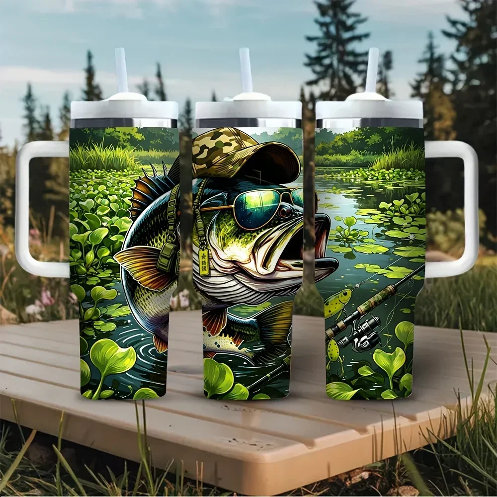 40oz Fishing Large Mouth Bass Print Tumbler with Handle, Suitable for Fishing Enthusiasts And Outdoor Lovers, Fits Both Hot And Cold Drinks, Great for Outdoor Fishing, Daily Use and Travel Activities
