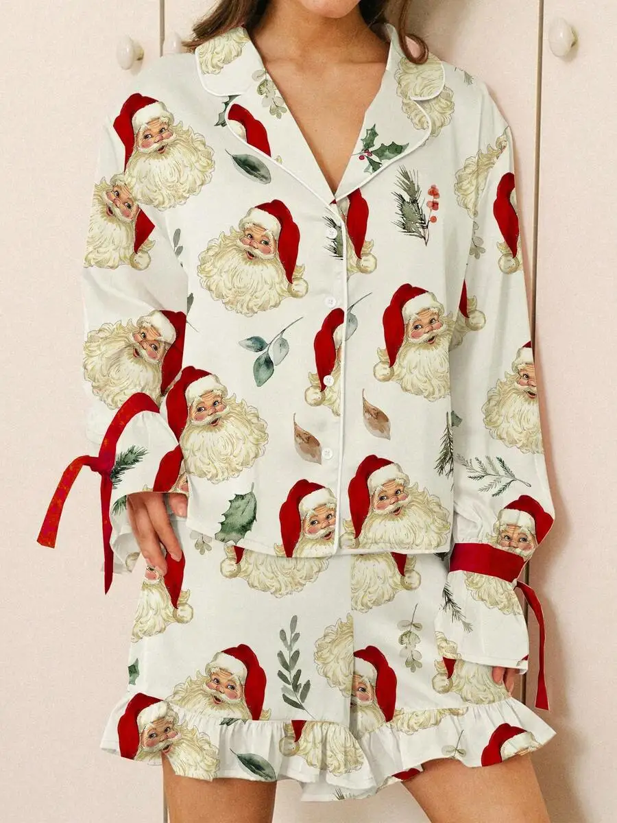 

Womens Christmas Santa Print Long Sleeve Button Up Pajama Set V Neck Lapel Sleepwear