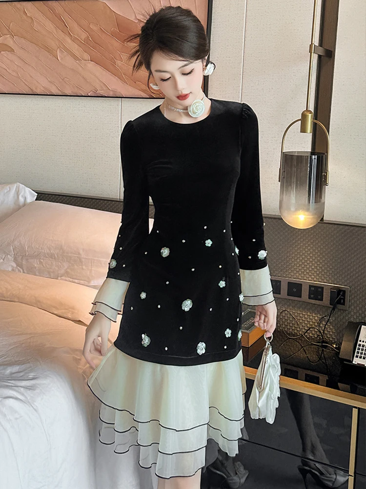 Elegant Birthday Cocktail Party Cake Dress Women\'s Clothing French Lovely Sequins Flower Diamond Robe Catwalk Vestidos Fiesta