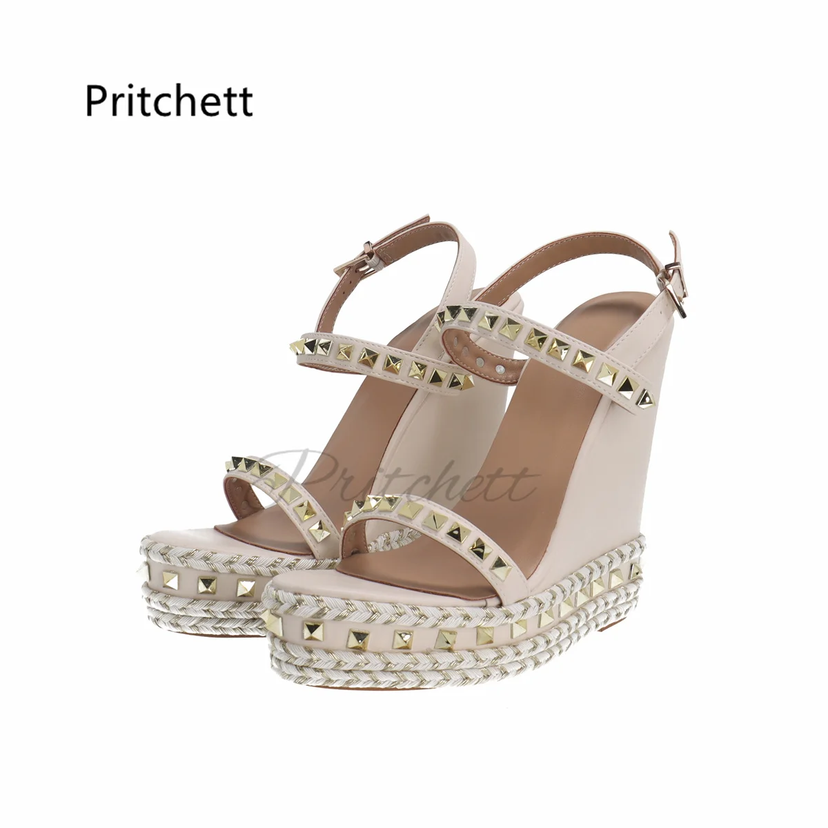 Beige Rivet Espadrilles Wedges Sandals with Heels Platform Buckle Luxury Design Leather Sandals for Women Shoes Custom Color