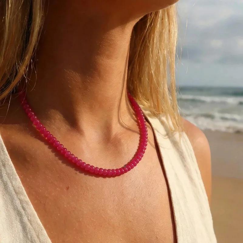Coranda Women's Fashionable Handmade Woven Bead Necklace Dopamine Colored Collarbone Chain Jewelry Gift