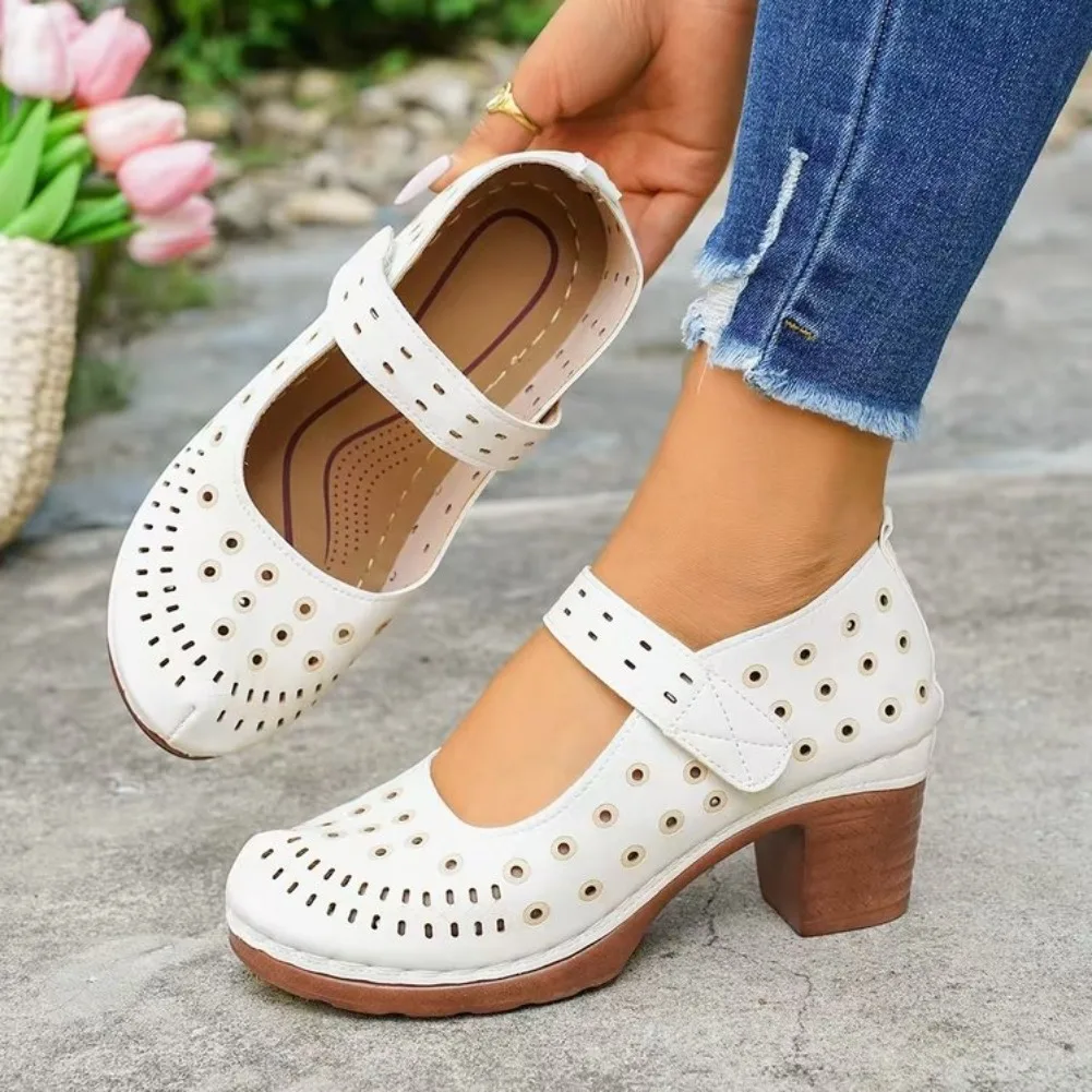 2026 Summer New Women Shoes Plus Size Chunky High Heel Sandals Hollow Closed Toe Slip-On Mueller Sandals Women Sandalias Mujer image 3