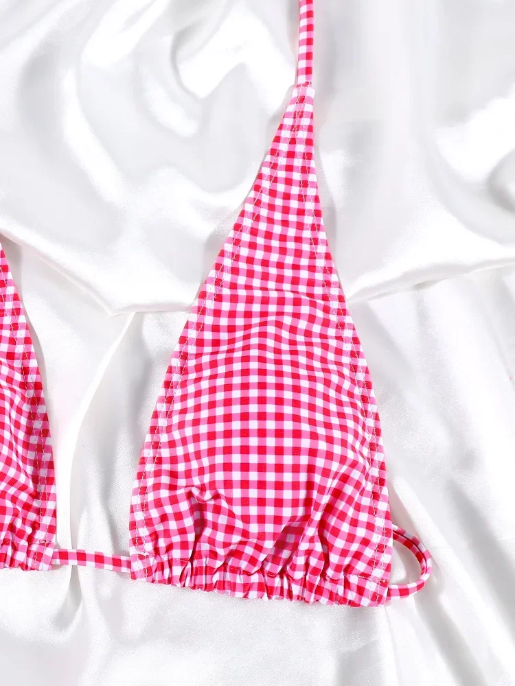Bikinis con cuello Halter para mujer, traje de baño Sexy a cuadros, traje de baño estampado, trajes de baño de cintura baja, conjuntos de Bikini estilo Push Up, traje de dos piezas para verano
