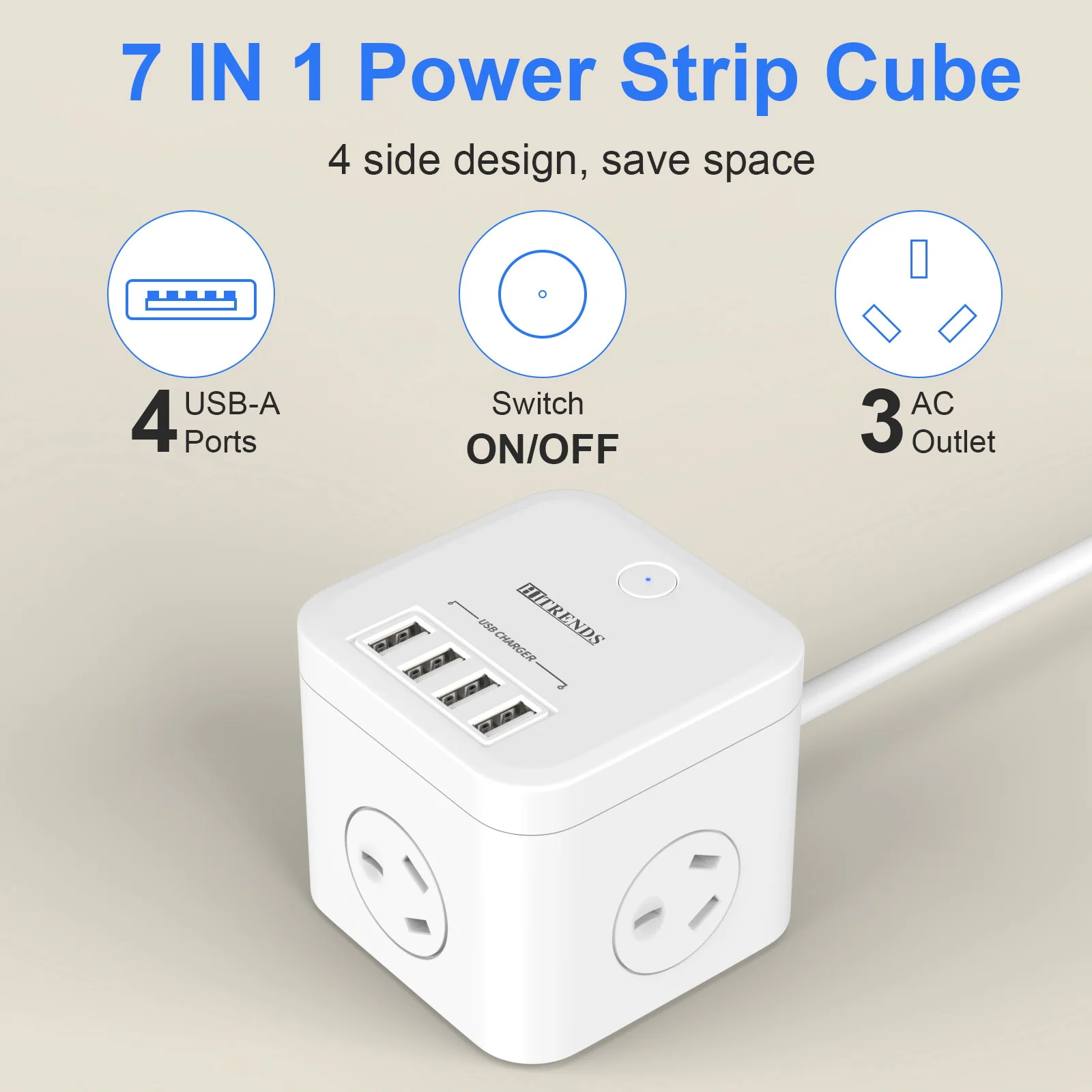 7-in-1 Australian standard power strip 3 AC power sockets 4 USB port socket extenders Surge protection 1.8 cable extension