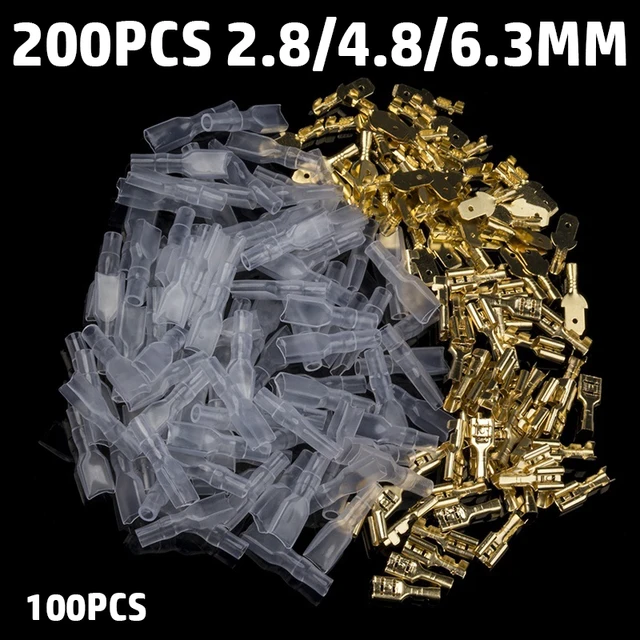 200 sztuk 2.8/4.8/6.3mm żeńskie/męskie końcówki widełkowe złącza przewodów zaciskane końcówki zaciskane z przezroczystymi rękawami izolacyjnymi