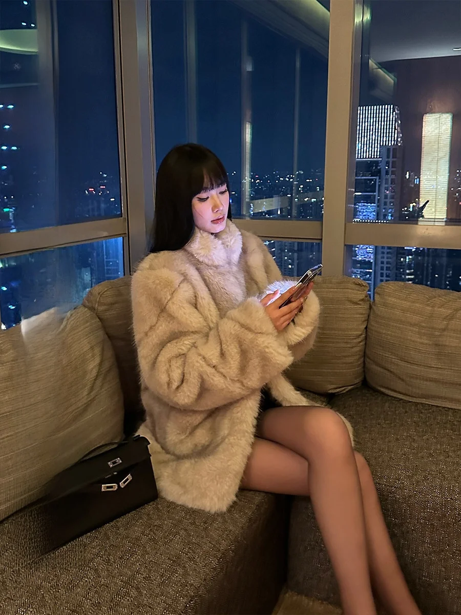 

Пальто из искусственного меха цвета хаки, свободного кроя, утепленное, с воротником-стойкой, сохраняющее тепло, верхняя одежда от Venui для молодых женщин, повседневный стиль, длинное...