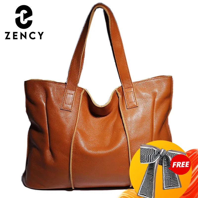 Zency 100% Genuine Leather Handbag Large Capacity Women Shoulder Bag Retro Tote Purse High Quality Hobos Brown Shopping Bags