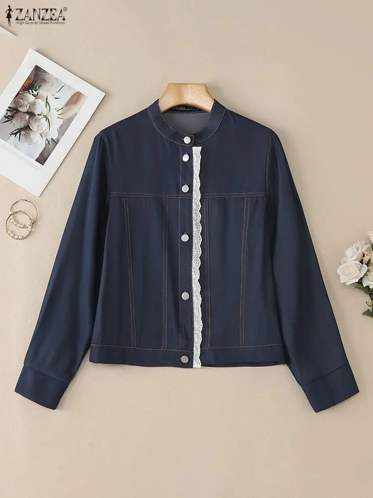 

Women's Jackets Casual Chic Lace Patchwork Stand Collar Long Sleeve Denim-Like Coats ZANZEA Autumn Lightweight Woman Outerwear