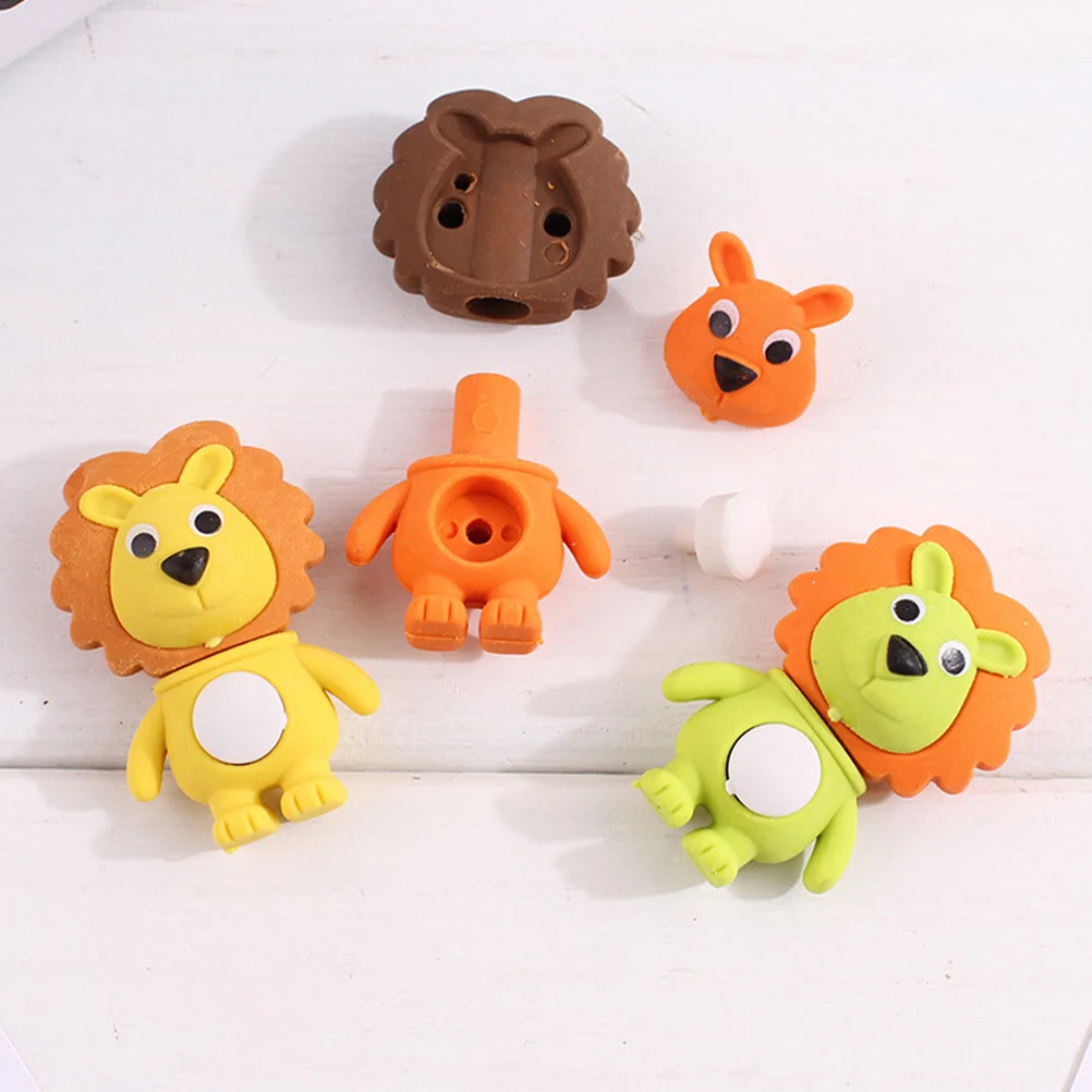 

12pcs Creative Erasers Adorable Lion Shaped Kids Stationery Mini Cartoon Pencil Student Supplies Portable Removable 3D Animals