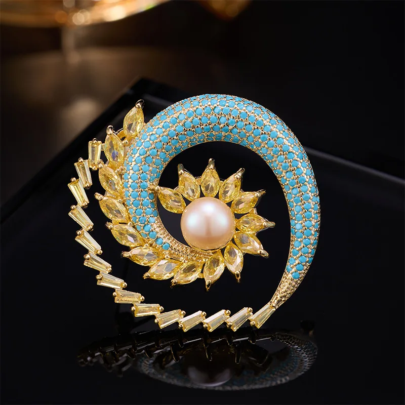 New Charm Color Contrast Brooch Light Luxury Inlaid Zircon Pearl Lapel Pin Elegant Women Clothing Decor Accessory Party Outfit