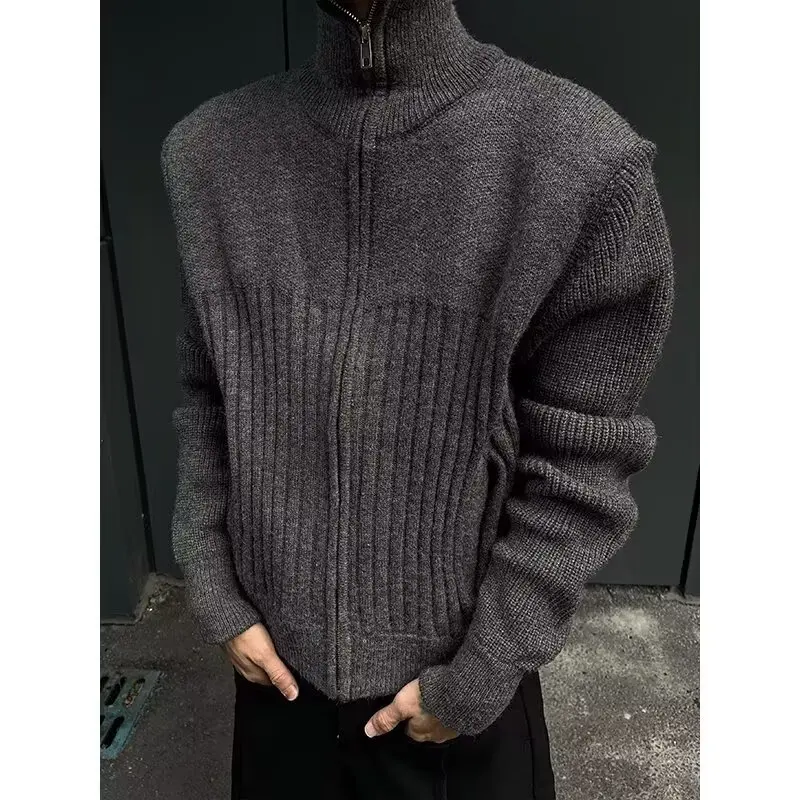 

American Retro High Collar Zipper Knitted Sweater Jaet Men's Casual Loose Street Sle Open Cardigan Sweater Autumn Faion
