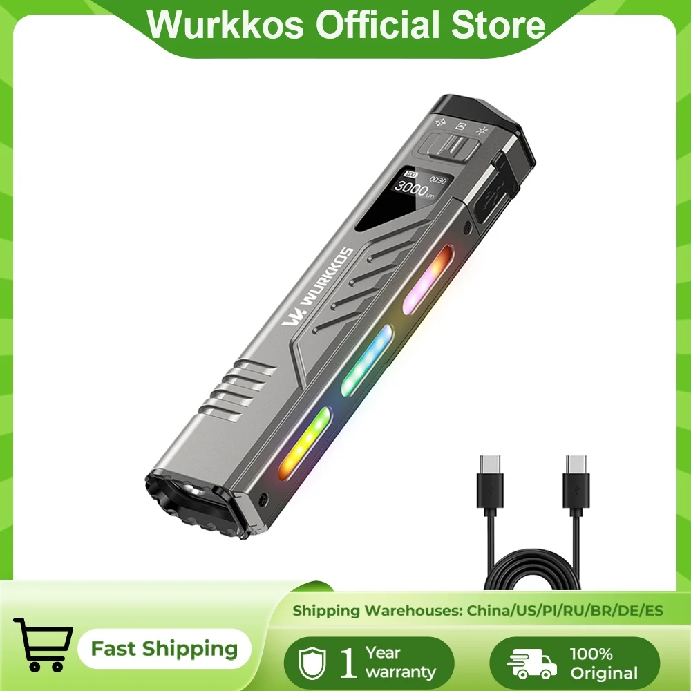 Wurkkos TD11 Tactical Flashlight Portable EDC Rechargeable USB-C Interface 3000 Lumens Tail Switch Camping Specialized