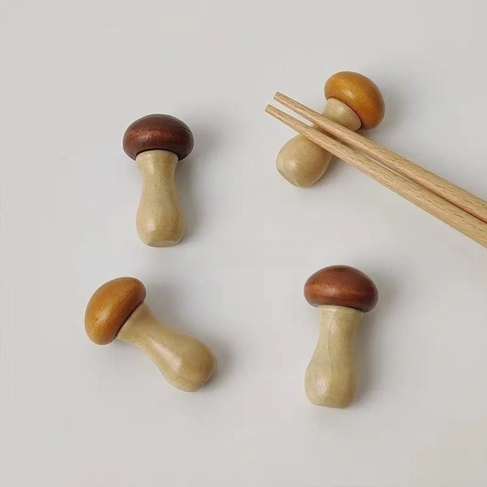2Pcs Solid Wood Mushroom Chopstick Rests Mushroom Shape Smooth Surface Utensil Rests Cute Style Chopstick Holders