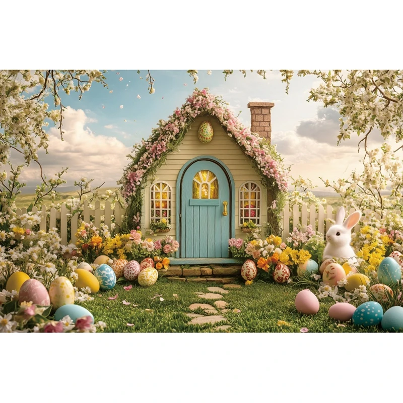 ربيع عيد الفصح خلفية التصوير الفوتوغرافي السماء الزرقاء الزهور بيض عيد الفصح أرنب الأرنب منزل خشبي عيد الفصح حزب الديكور الخلفيات