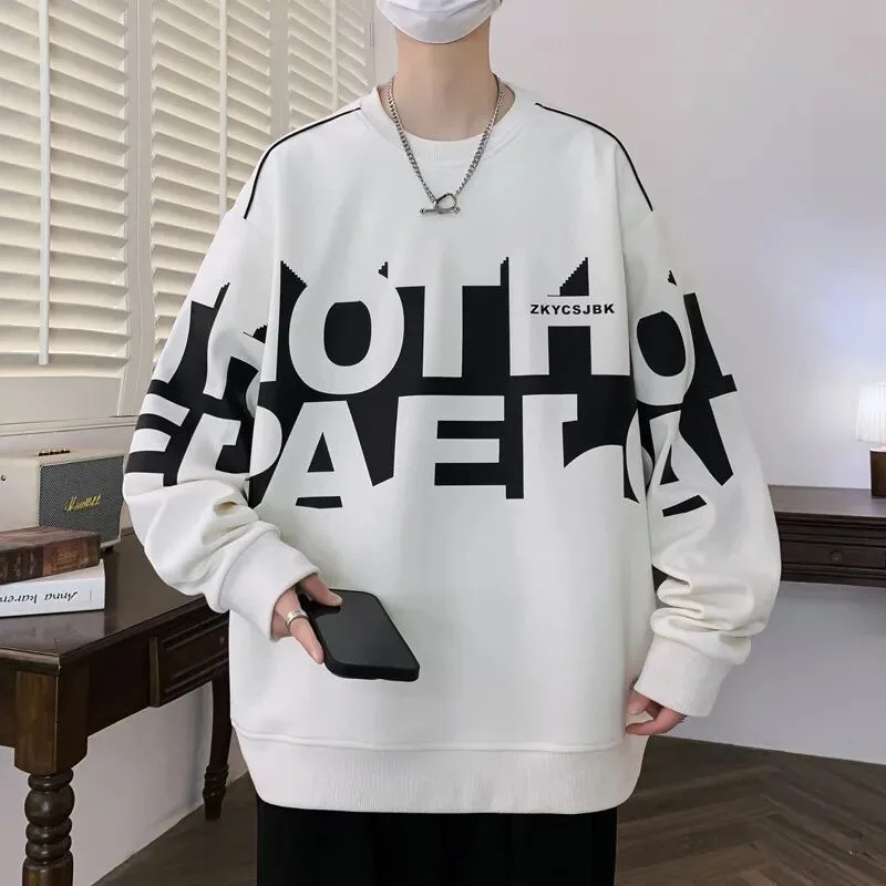 New Men Letters Sweatshirts Black Cool Printed Long Sleeve T-shirt Korean Hip Hop Oversized Tees Sports Top S-4XL Men Clothing