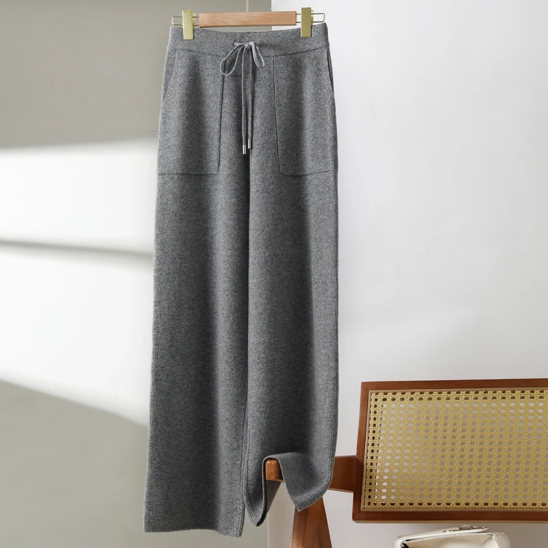 Women's New 100% Pure Wool Knitted Full Length Pants High Waist Casual Outerwear Cashmere Wide Leg Pants Versatile Autumn Winter
