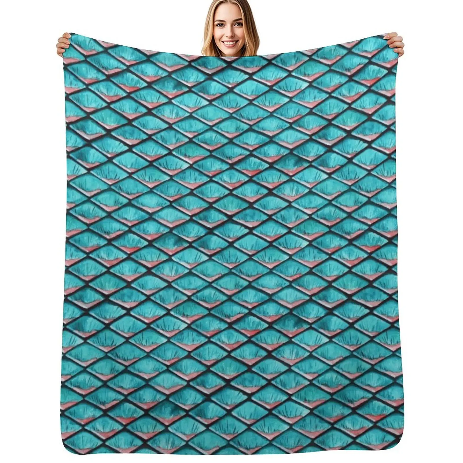 Teal blue and coral pink arapaima mermaid scales Throw Blanket Versatile Cozy Throw Blanket for All Occasions