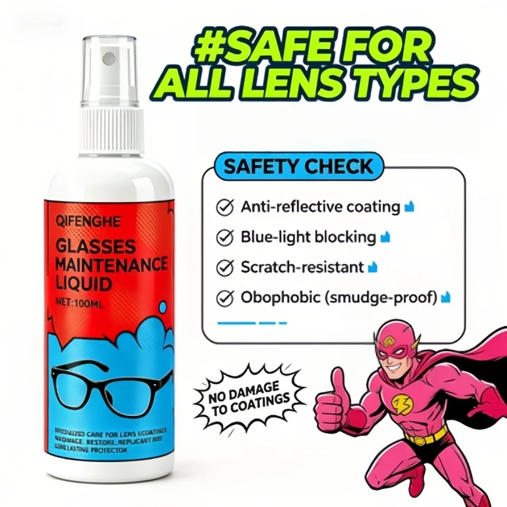 QIFENGHE 100ML Glasses Maintenance Liquid, Lens Scratch Repair Spray, Anti-Fog & Long-Lasting Protector for Eyeglasses, Sunglass