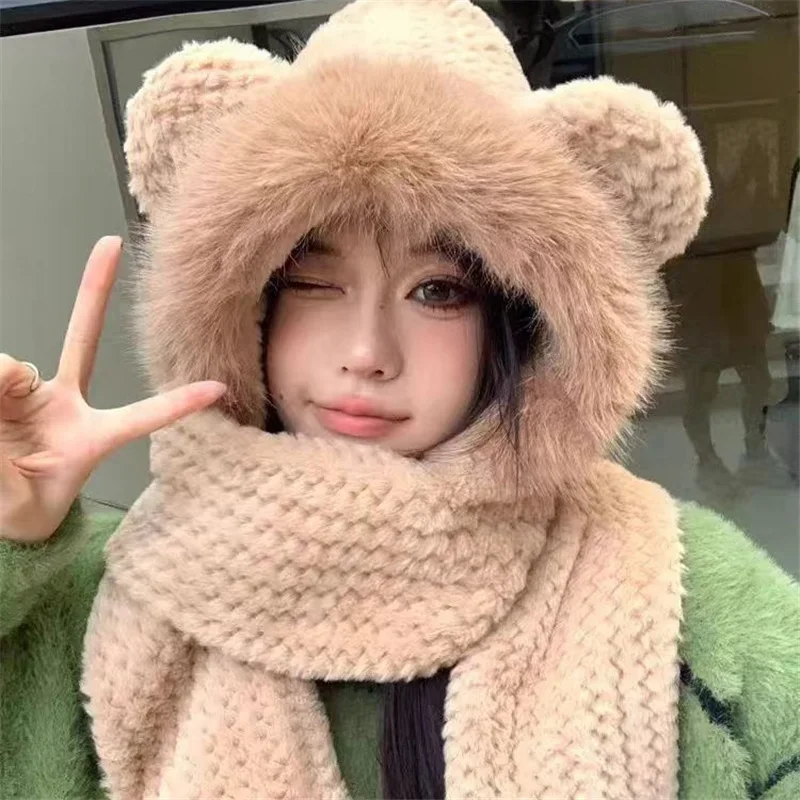 3Pcs Cartoon Wintertime Warm Three-piece Set Cute Fox Ears Plush Baotou ProtectionWinter Warm Hat Collar Scarf Integrated Winter