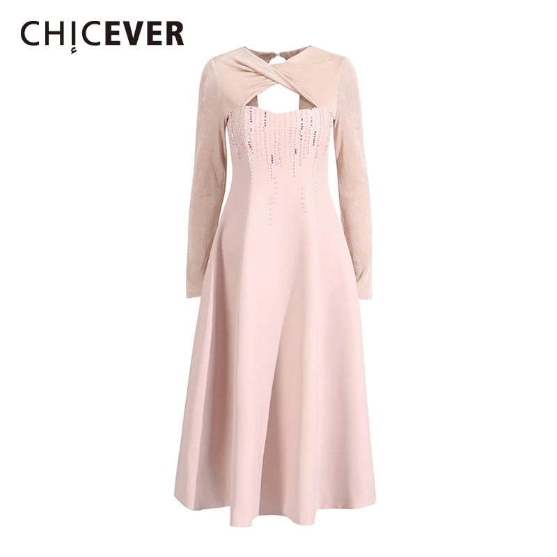 

CHICEVER Spliced Hollow Out Slimming Dresses for Women O Neck Long Sleeve Patchwork Beading High Waist Temperament Dress Female
