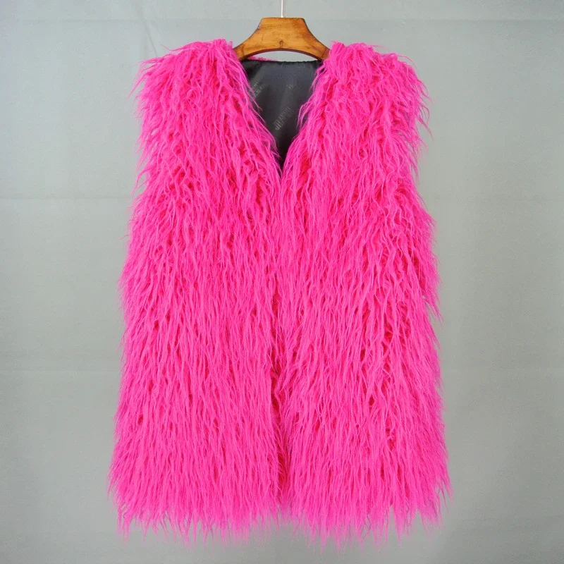 2024 Autumn New Fashion Women Middle Long Fluffy Colorful Mongolia Sheep Fur Vest Female Sleeveless Faux Fur Jacket Vest