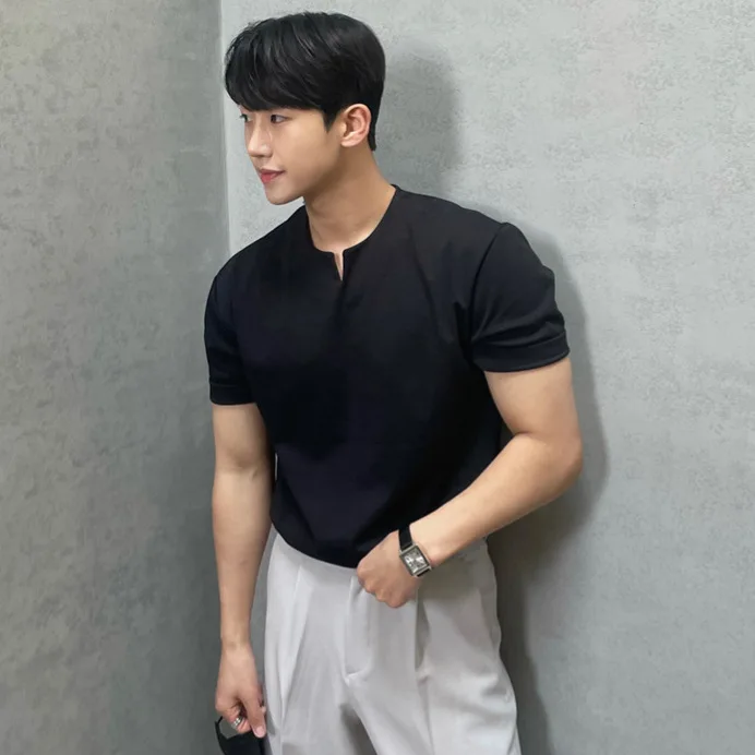 Summer Men's Loose Solid Half Zipper Casual Trendy Short Sleeve V-neck Polo Shirts Male New Fashion Waffle T-shirts Top Clothes