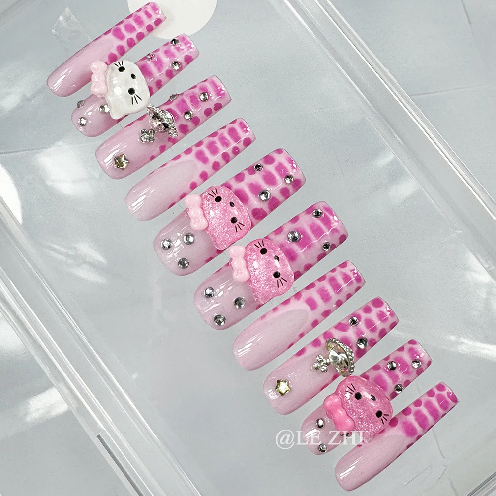 

Originality Spice Girl Long Coffin Pure Handmade Fake Nails Hello Kitty Mymelody French Reusable Artifical Full Cover Nail Tips