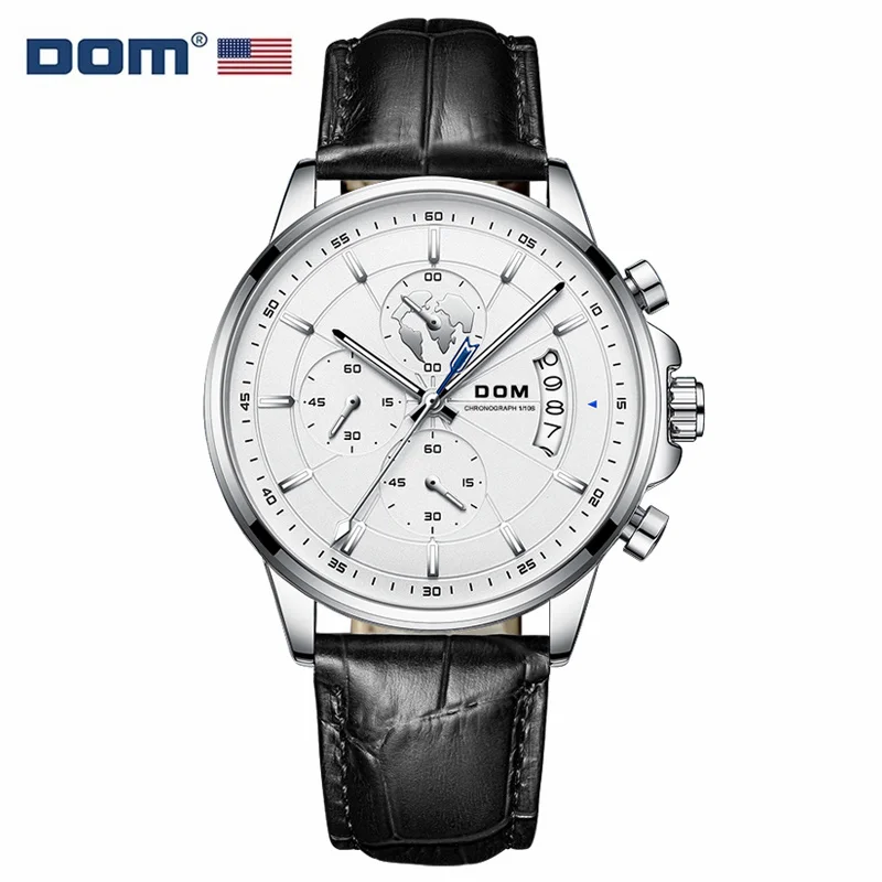 DOM 8623 Men\'s Quartz Watch Stainless Black Leather Fashion Elegant Business Date Pointer Luminous Wristwatches for Male Watche